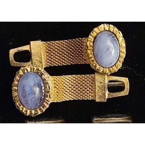 Vintage Cufflinks Hickok USA Gold Tone Metal Mesh Blue Lucite Cabochon MCM
